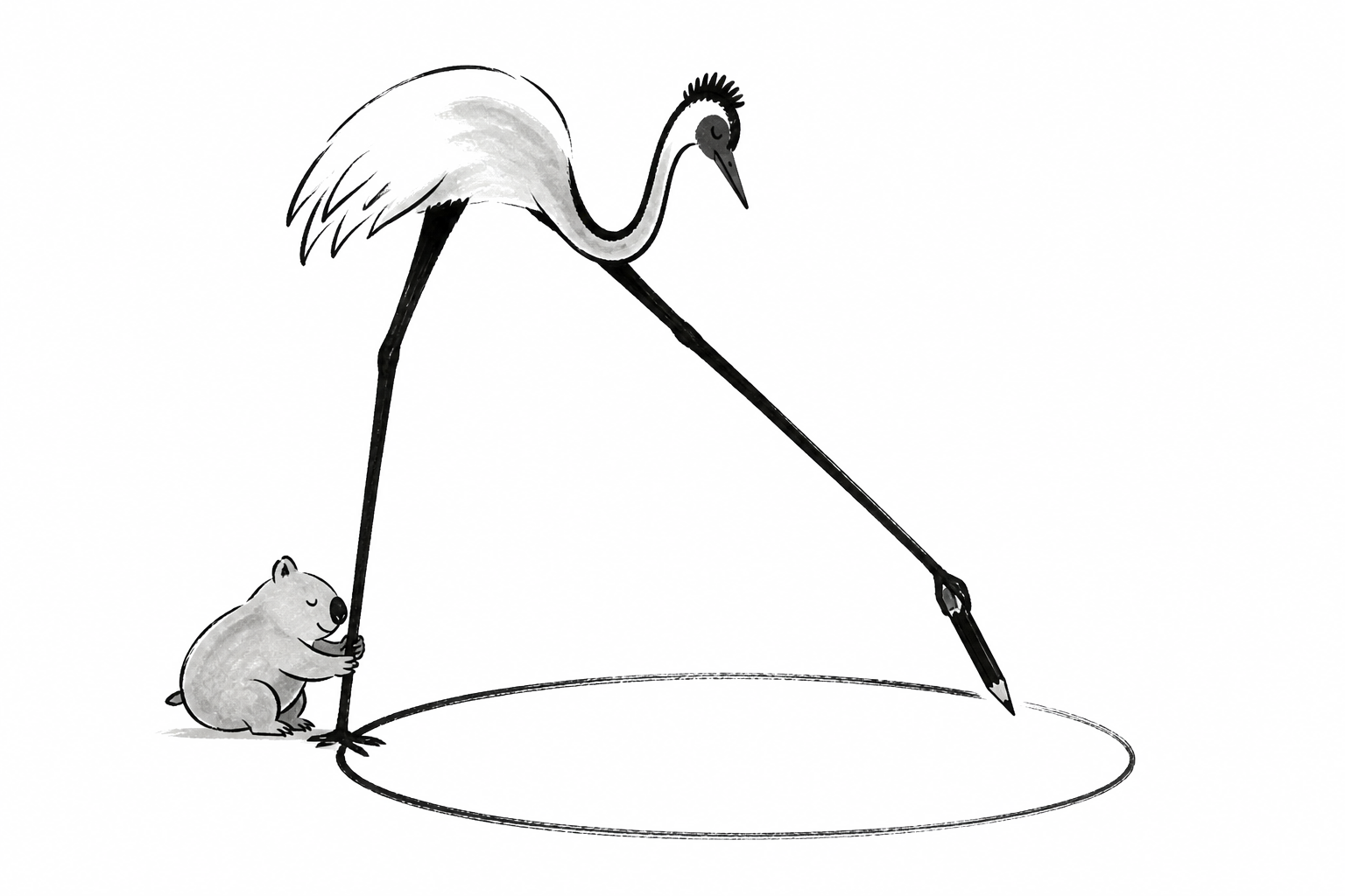 A crane and wombat drawing a circle around the brief