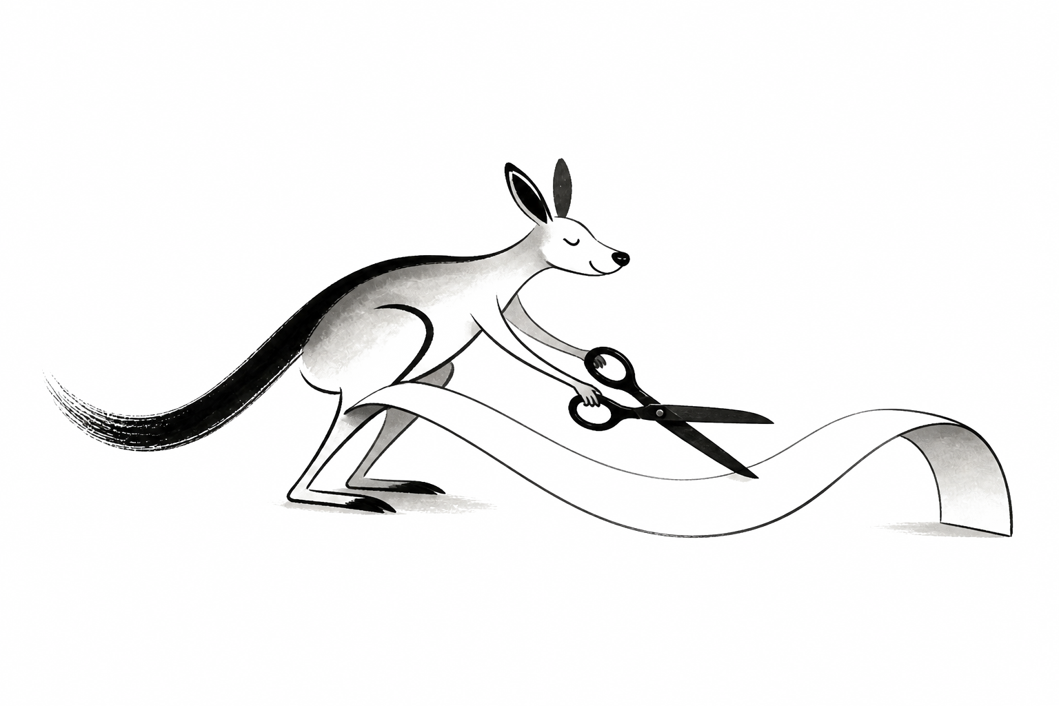 A kangaroo trimming a long strip with scissors